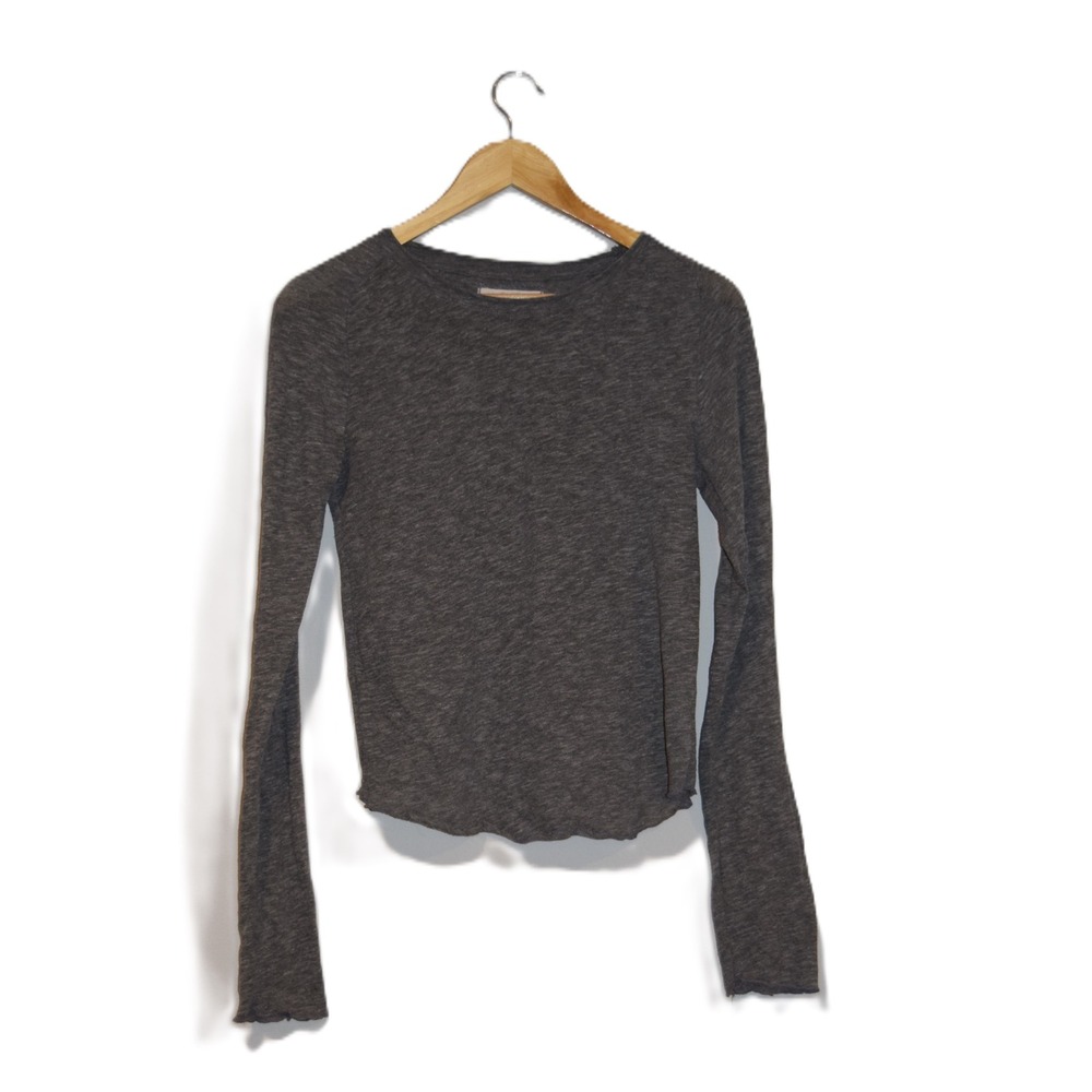 We The Free Long Sleeve Crew Neck Lettuce Hem Top Charcoal Gray Size Medium